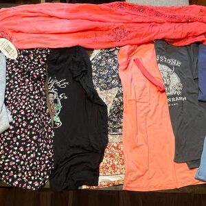 Bundle of 5 Shirts,  2 Yoga Pants, One Dress/Swim Coverup, and Sweatshirt